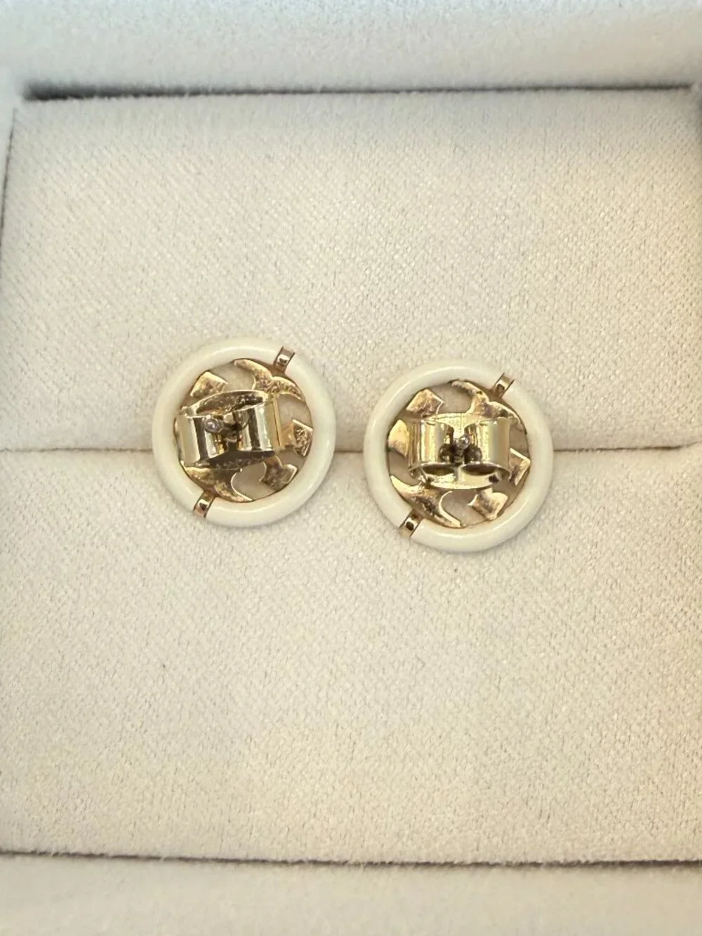 Tory Burch Circle Logo Studs - White & Gold (Worn Once)